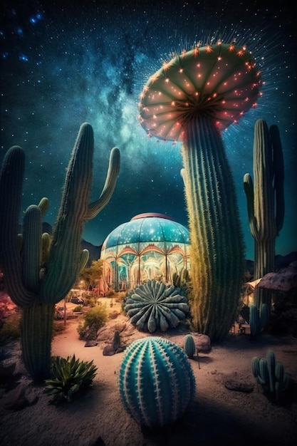 Kaktuspflanze mit Pflanzen und in der Wüste generativer KI