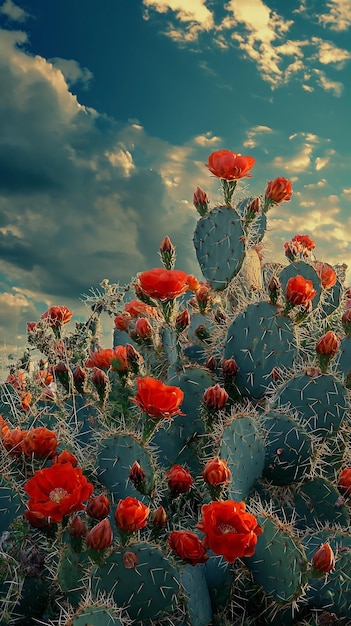 Kaktuspflanzen in Blüte mit roten Blüten auf den Hügeln Natur blumige rote grüne graue Wanddekoration