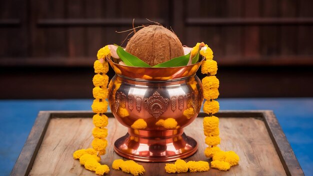 Kalash de cobre con coco y hoja de mango con decoración floral