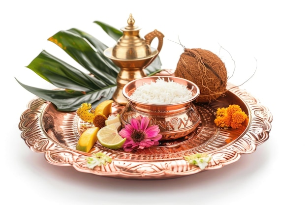 Foto kalash de cobre com coco e folha de manga para o puja hindu