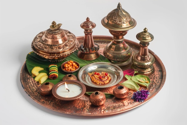 Foto kalash de cobre com folha de coco, manga, pooja thali essenciais