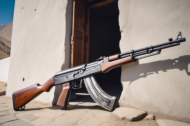 Foto kalashnikov apoyado contra la pared del puesto de guardia tibet distrito de kargil