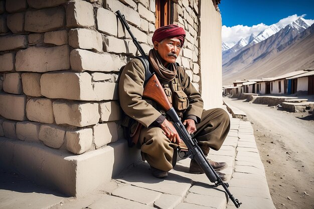 Kalashnikov apoyado contra la pared del puesto de guardia Tibet Distrito de Kargil