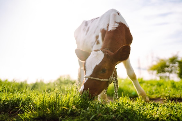 Kalb, das grünes Gras unter dem blauen Himmel isst Baby-Tier auf dem Bauernhof