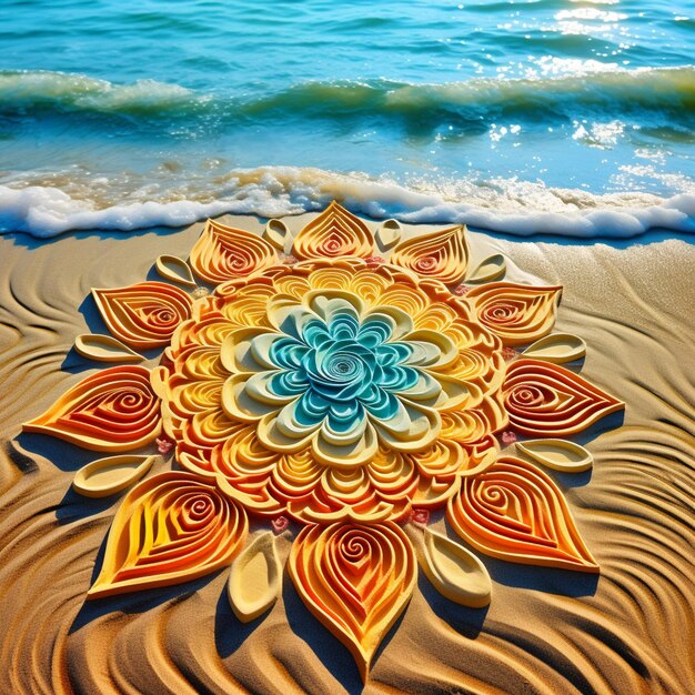 Foto kaleidoscópio costeiro padrões vibrantes pintados na areia da praia