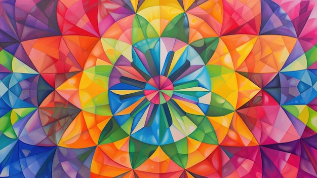 Kaleidoskop-Mandala, das mit lebendigen Regenbogenfarben sprengt