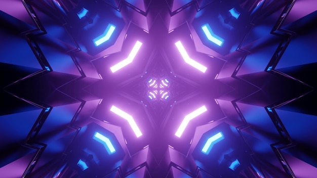 Kaleidoskopverzierung mit hellblauen und lila futuristischen Neonlichtern, die in symmetrischen Figuren in der 3D-Illustration reflektieren