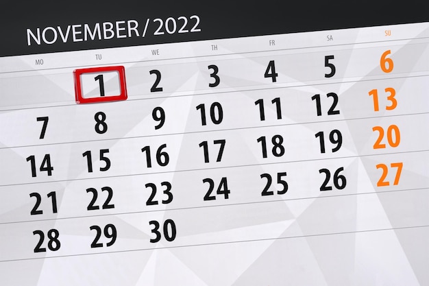 Kalender 2022 Frist Tag Monat Seite Organisator Datum November Dienstag Nummer 1