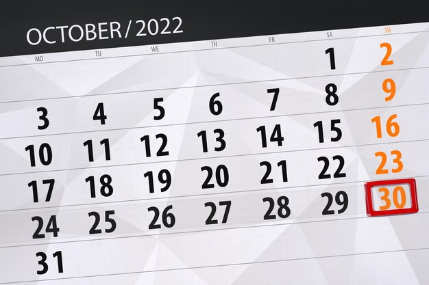 Kalender 2022 Frist Tag Monat Seite Organisator Datum Oktober Sonntag Nummer 30