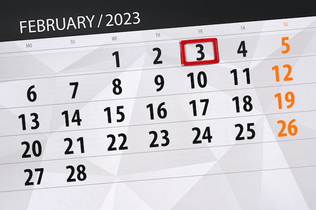 Kalender 2023 Frist Tag Monat Seite Organisator Datum Februar Freitag Nummer 3