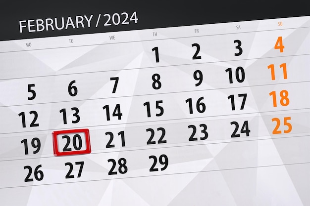 Kalender 2024 Frist Tag Monat Seite Organisator Datum Februar Dienstag Nummer 20