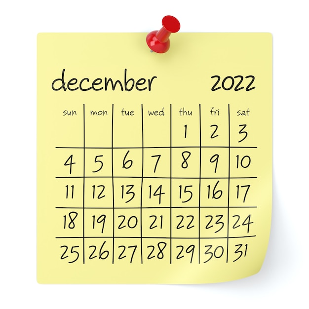 Kalender Dezember 2022. Isoliert auf weißem Hintergrund. 3D-Illustration