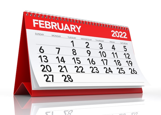 Kalender Februar 2022. Isoliert auf weißem Hintergrund. 3D-Illustration