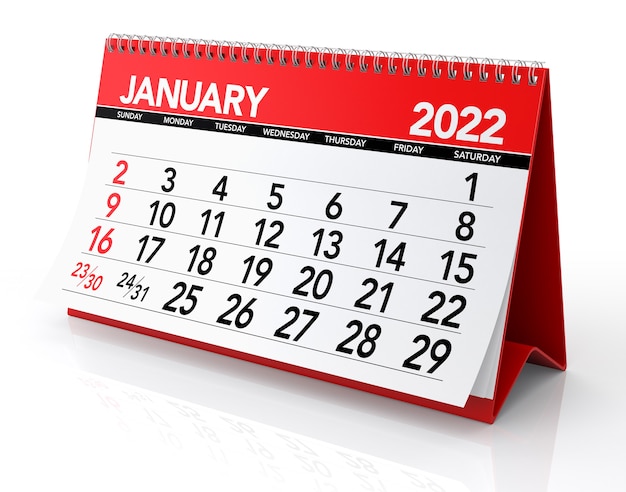 Kalender Januar 2022. Isoliert auf weißem Hintergrund. 3D-Illustration