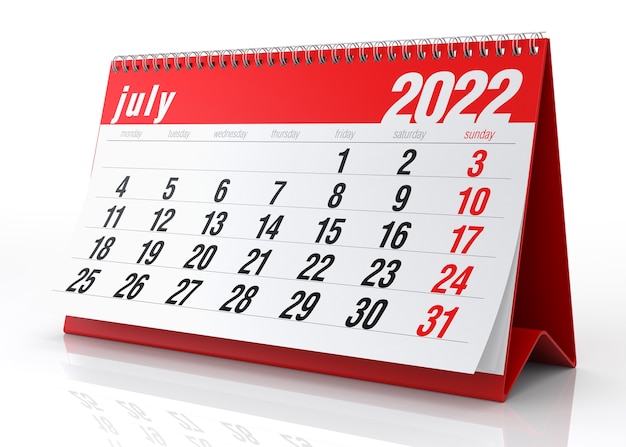 Kalender Juli 2022. Isoliert auf weißem Hintergrund. 3D-Illustration