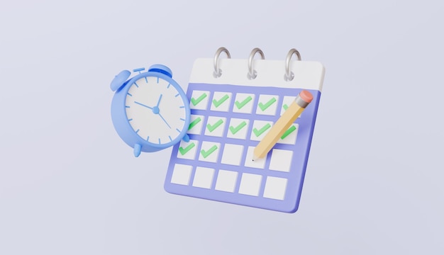 Kalender mit Checkliste, Bleistift, Wecker und klebrigen Notizen, Frist, Tagesplaner, Arbeitsplan