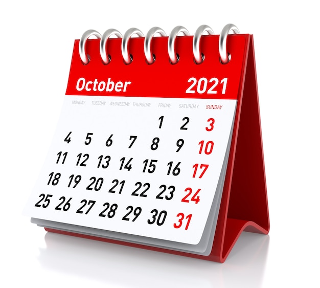 Kalender Oktober 2021. Isoliert auf weißem Hintergrund. 3D-Illustration