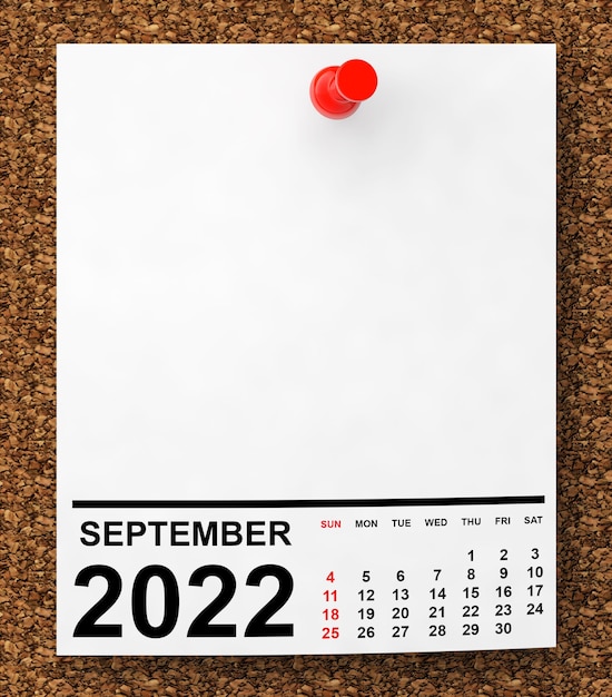 Kalender September 2022 auf leerem Briefpapier 3D-Rendering