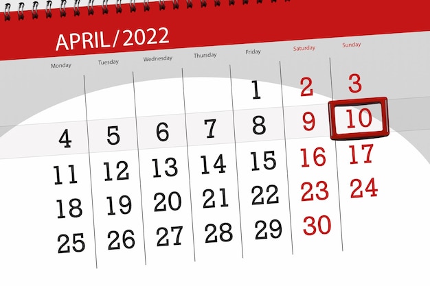 Kalenderplaner für den Monat April 2022 Stichtag 10. Sonntag