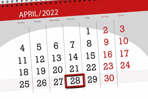 Kalenderplaner für den Monat April 2022 Stichtag 28. Donnerstag