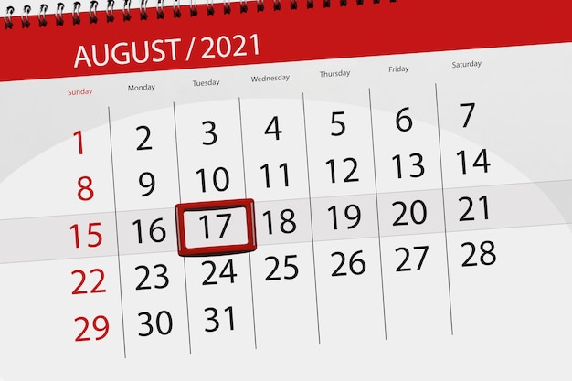 Kalenderplaner für den Monat August 2021, Stichtag, 17., Dienstag.