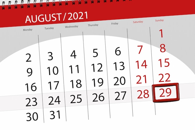 Kalenderplaner für den Monat August 2021, Stichtag 29, Sonntag.