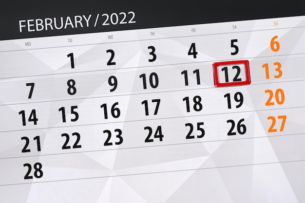 Kalenderplaner für den Monat Februar 2022, Stichtag, 12., Samstag.