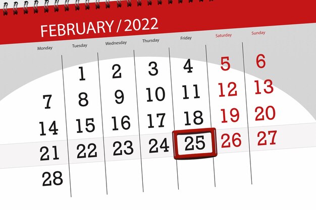 Kalenderplaner für den Monat Februar 2022, Stichtag, 25., Freitag.