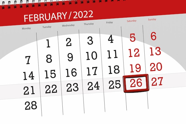 Kalenderplaner für den Monat Februar 2022, Stichtag 26., Samstag.