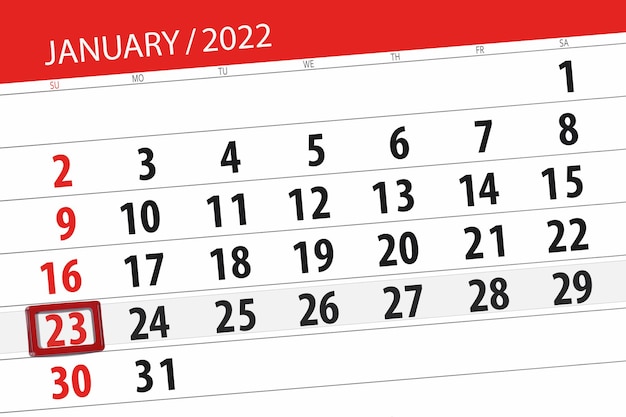 Kalenderplaner für den Monat Januar 2022, Stichtag, 23., Sonntag.