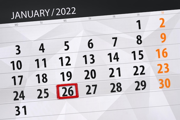 Kalenderplaner für den Monat Januar 2022, Stichtag 26., Mittwoch.