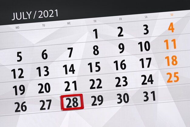 Kalenderplaner für den Monat Juli 2021, Stichtag, 28., Mittwoch.