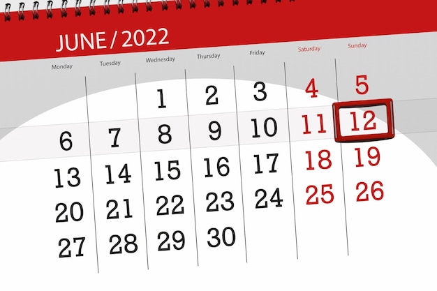 Kalenderplaner für den Monat Juni 2022 Stichtag 12 Sonntag