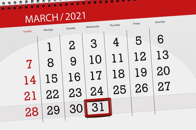 Kalenderplaner für den Monat März 2021, Stichtag, 31, Mittwoch.