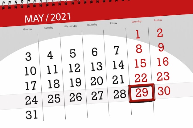 Kalenderplaner für den Monat Mai 2021, Stichtag, 29, Samstag.