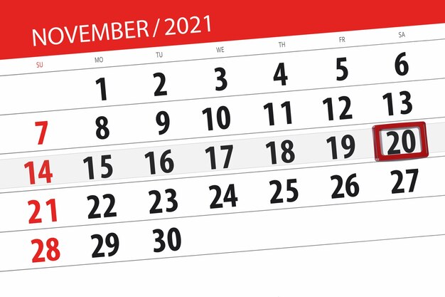 Kalenderplaner für den Monat November 2021, Stichtag, 20., Samstag.