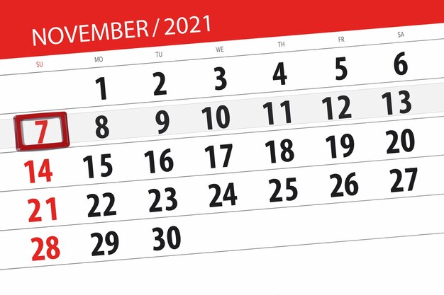 Kalenderplaner für den Monat November 2021, Stichtag, 7. Sonntag.