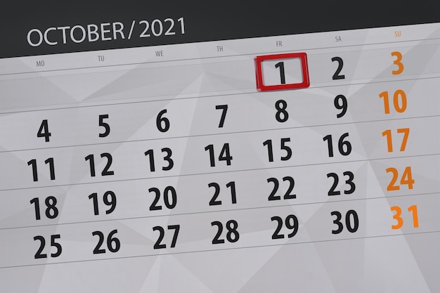 Kalenderplaner für den Monat Oktober 2021, Stichtag, 1, Freitag.