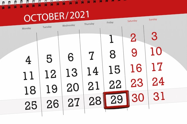 Kalenderplaner für den Monat Oktober 2021, Stichtag 29, Freitag.