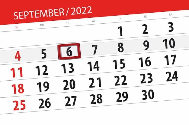 Kalenderplaner für den Monat September 2022 Stichtag 6 Dienstag