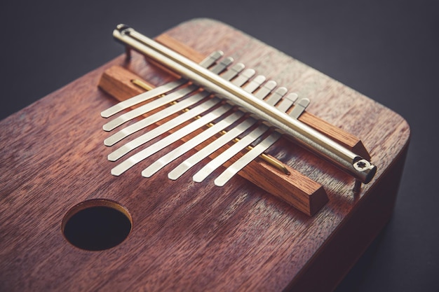 Kalimba de madera tradicional aislado en negro