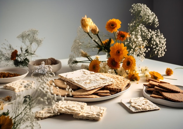 Kallah e matzah com flores e biscoitos em mesas brancas