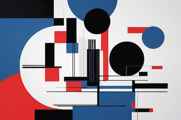 Kalme minimalistische Bauhaus-Stil Schwarz Weiß Rot und Blau Abstrakte Komposition Generative KI