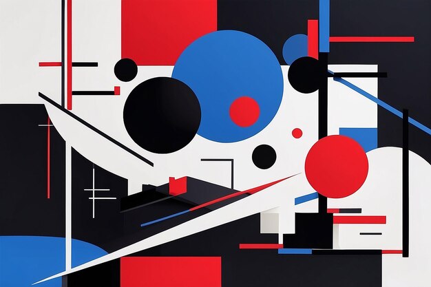 Kalme minimalistische Bauhaus-Stil Schwarz Weiß Rot und Blau Abstrakte Komposition Generative KI