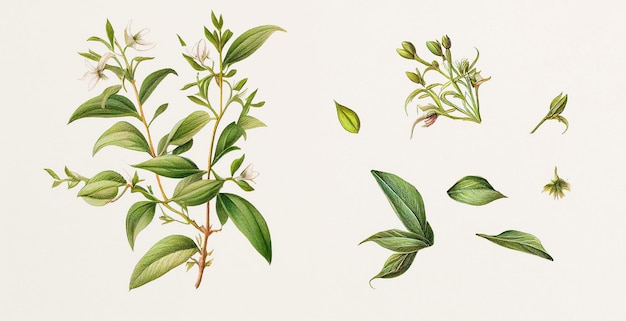 Foto kalmegh (andrographis paniculata). ilustración botánica sobre papel blanco. las mejores plantas medicinales,