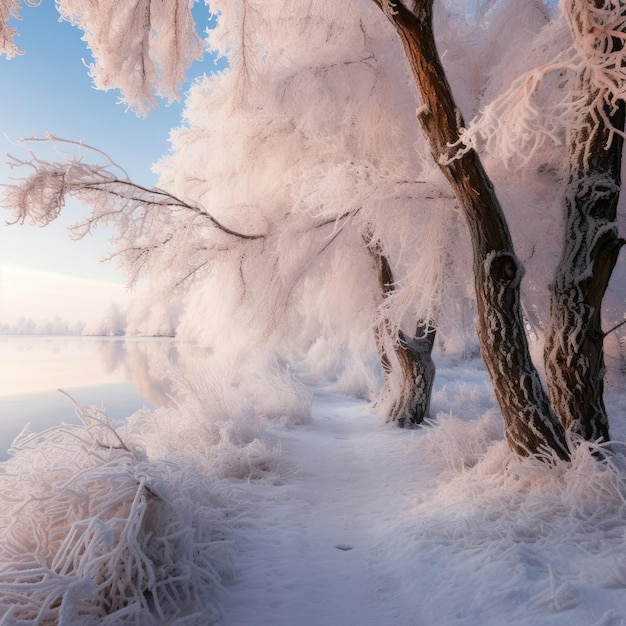 Kalt und verschneit mit frostbedeckten Bäumen