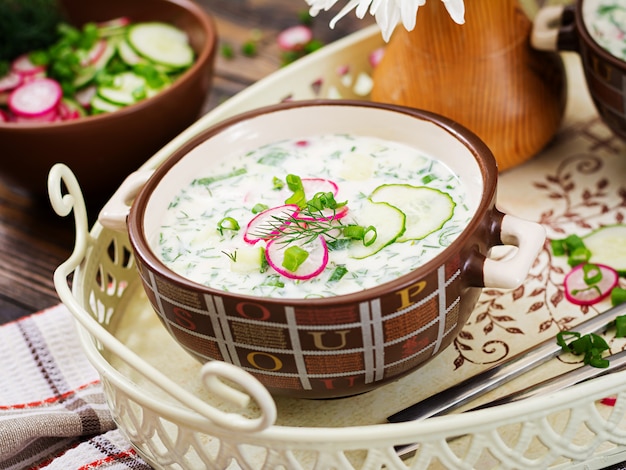 Kalte Suppe mit frischen Gurken, Radieschen mit Joghurt in Schüssel auf Holztisch.