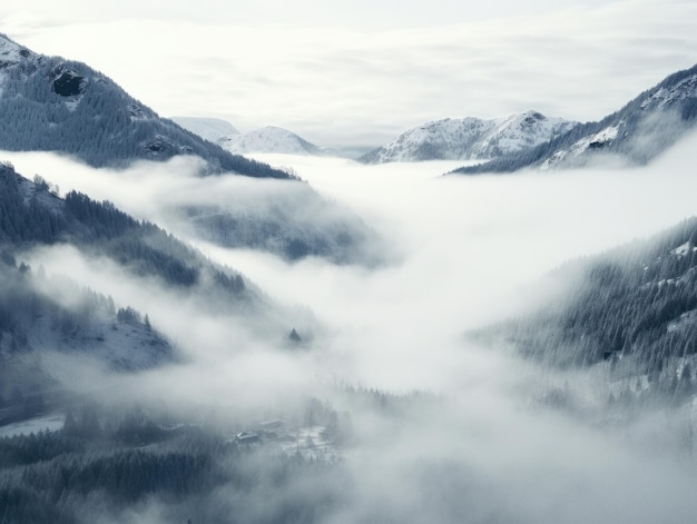 Kalte winterliche neblige Berglandschaft am Morgen