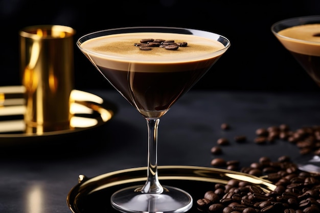 Foto kalter espresso-martini. modernes glas mit gold und dekoration drumherum, ki-generiert