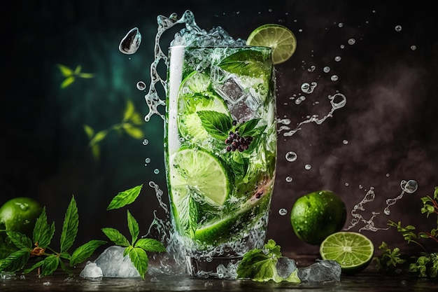 Kalter frischer Mojito mit Eis, Minze und Limette in einem Glas Sommergetränk Illustration Generative KI